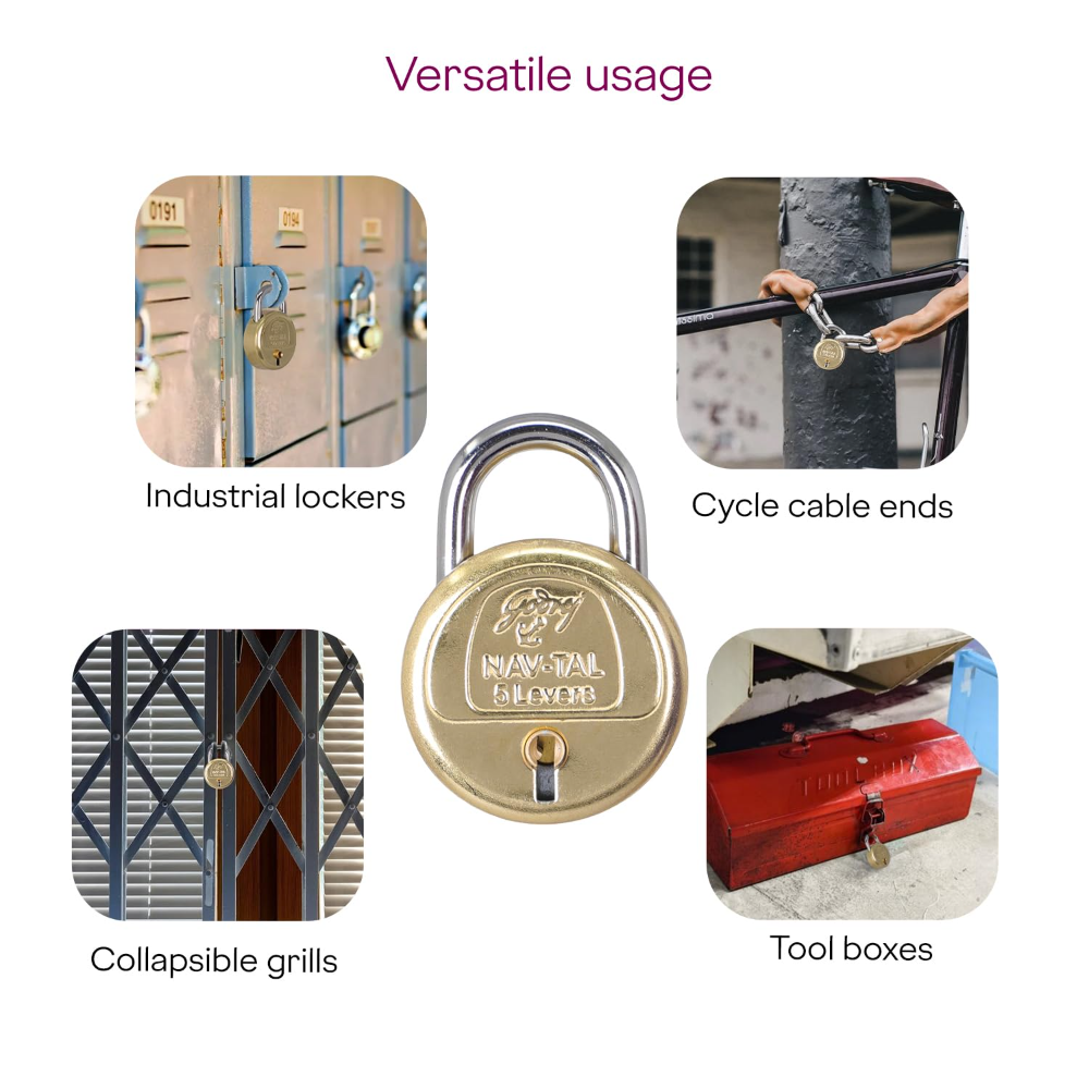 Godrej Padlock | Navtal 5 Lever Brass Padlock 40mm with 3 Keys | Strong Steel Shackle | Rust Resistant Lock for Main Door, Gates, Lockers, Cabinets, Travelling Bags & Tool Boxes | 1 Year Warranty